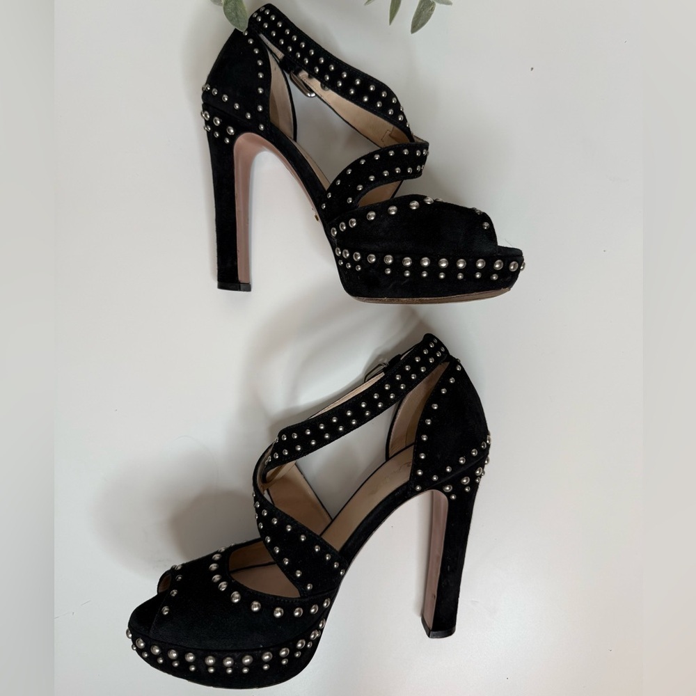 Prada Black Suede Studded Cross Strap Platform Pumps Size 35 Luxury Italian Glam - Picture 9 of 17